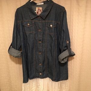 Light weight Lace trim denim topper. Tab sleeves Long length